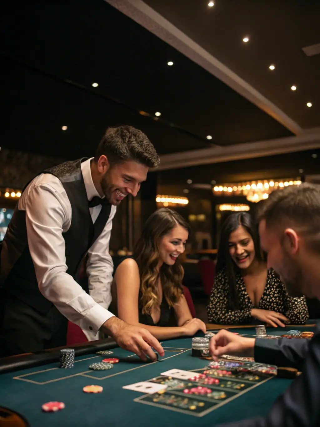 An image depicting a live dealer at a blackjack table, with cards being dealt and players engaged in the game, highlighting the live casino experience on 73 Bet.